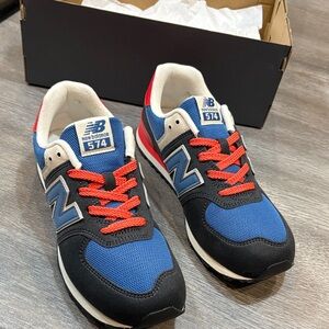 New Balance Kids' Size 5.5/Women size 7.5 - 574 Blue, Black, and Red Sneakers